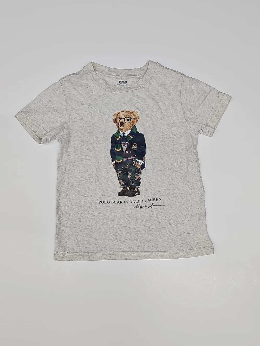 Ralph Lauren Light Gray Polo Bear Graphic Tee with Navy & Green Details Size 5T